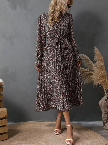 Ditsy Floral Print Flounce Sleeve Pleated Hem Belted Dress