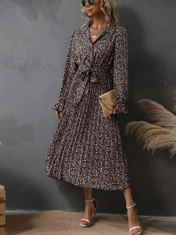 Ditsy Floral Print Flounce Sleeve Pleated Hem Belted Dress