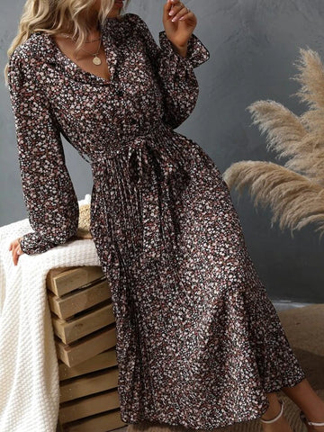 Ditsy Floral Print Flounce Sleeve Pleated Hem Belted Dress