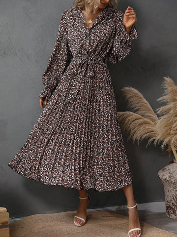 Ditsy Floral Print Flounce Sleeve Pleated Hem Belted Dress