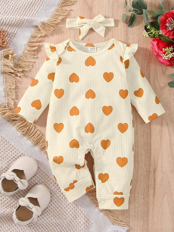 Baby Heart Print Ruffle Trim Jumpsuit With Headband