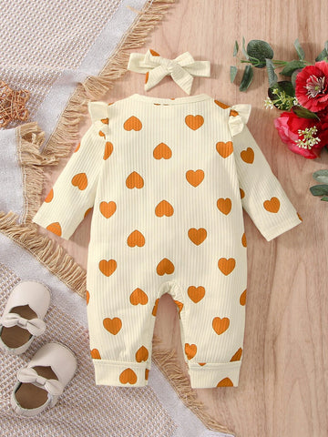 Baby Heart Print Ruffle Trim Jumpsuit With Headband