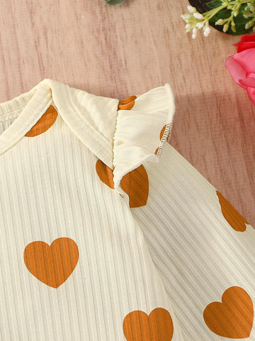 Baby Heart Print Ruffle Trim Jumpsuit With Headband