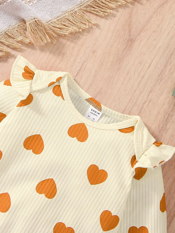 Baby Heart Print Ruffle Trim Jumpsuit With Headband