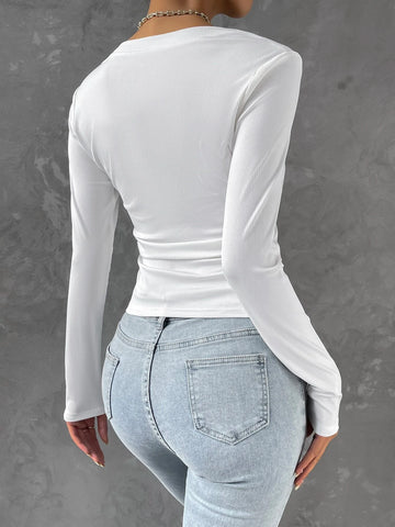 Solid Ruched Asymmetrical Hem Tee
