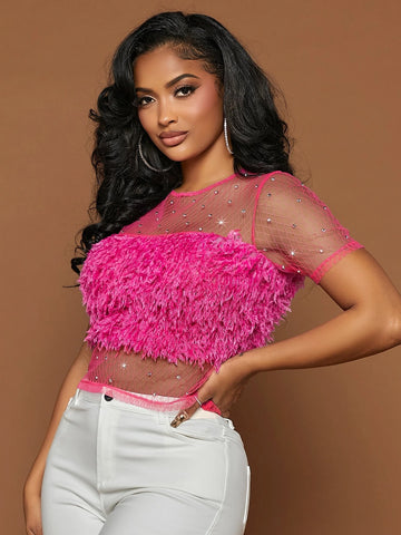 Keyhole Back Rhinestone Detail Fuzzy Contrast Mesh Top