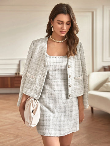 Frenchy 1pc Pearls Detail Plaid Tweed Dress