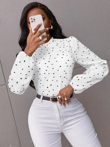 Confetti Heart Print Bishop Sleeve Frilled Neck Blouse