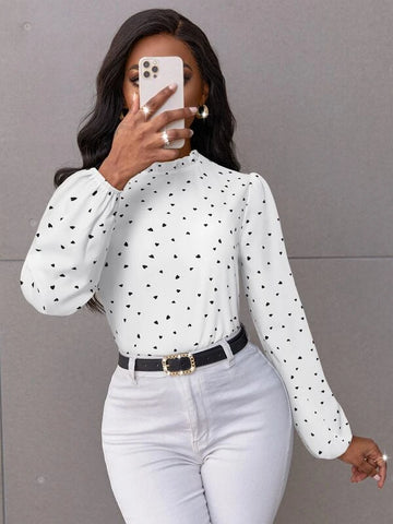 Confetti Heart Print Bishop Sleeve Frilled Neck Blouse
