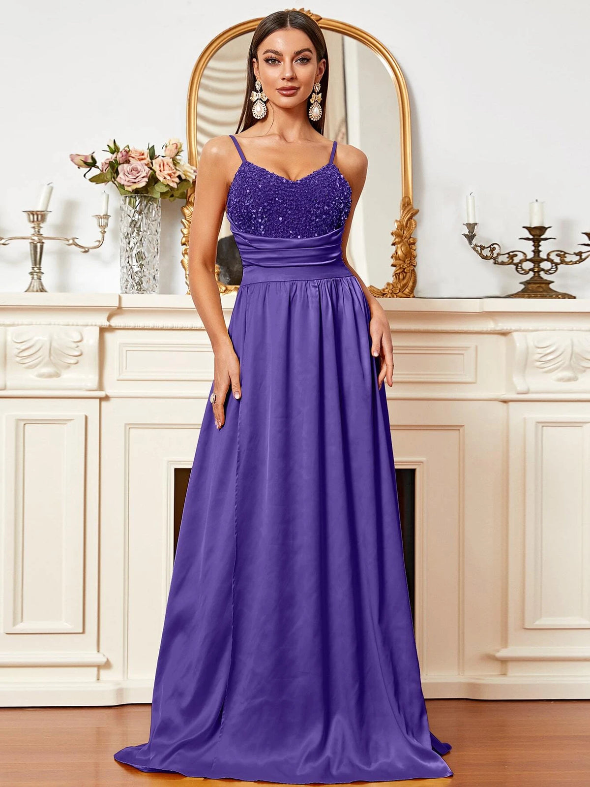 Missord Sequin Ruched Wrap Hem Cami Floor Dress