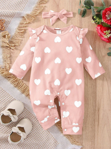 Baby Heart Print Ruffle Trim Jumpsuit With Headband
