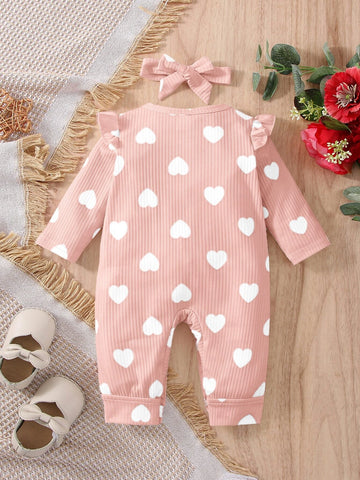Baby Heart Print Ruffle Trim Jumpsuit With Headband