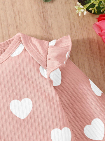 Baby Heart Print Ruffle Trim Jumpsuit With Headband