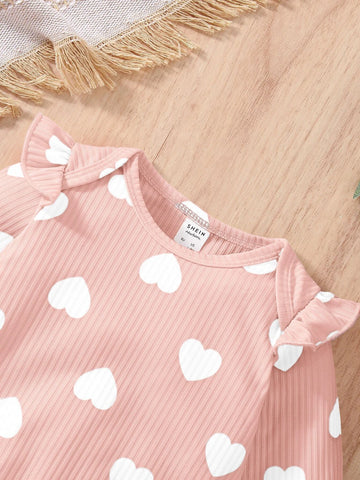 Baby Heart Print Ruffle Trim Jumpsuit With Headband