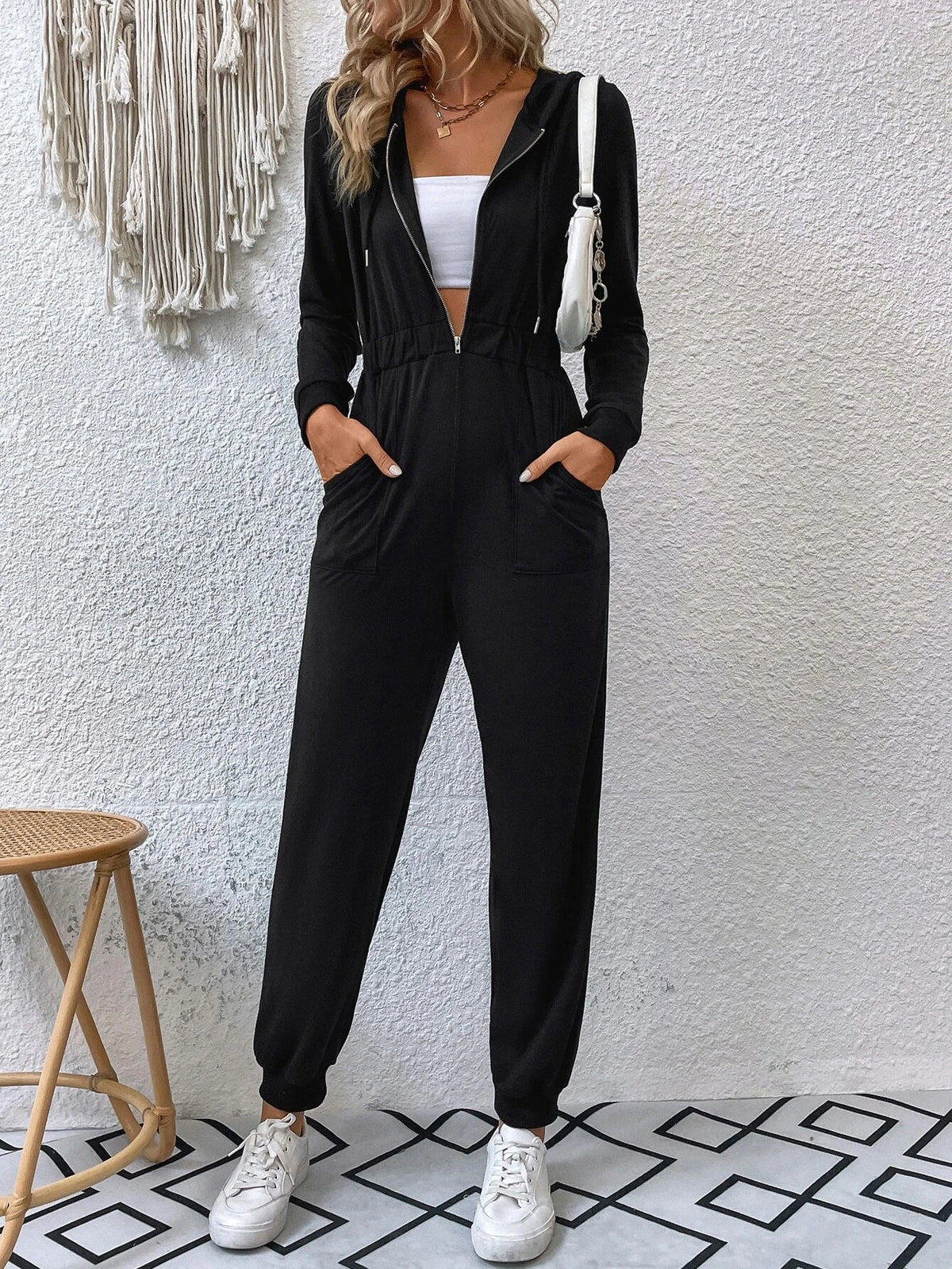 Double Pocket Zip Half Placket Drawstring Hooded Jumpsuit
