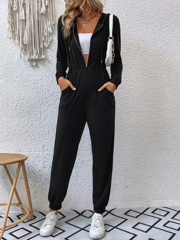 Double Pocket Zip Half Placket Drawstring Hooded Jumpsuit