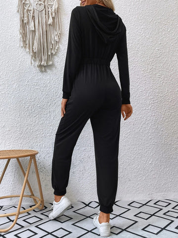 Double Pocket Zip Half Placket Drawstring Hooded Jumpsuit
