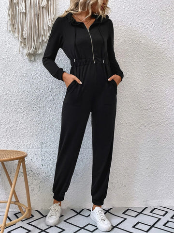 Double Pocket Zip Half Placket Drawstring Hooded Jumpsuit