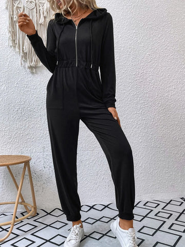 Double Pocket Zip Half Placket Drawstring Hooded Jumpsuit