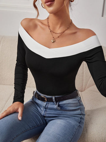 Contrast Trim Off Shoulder Bodysuit