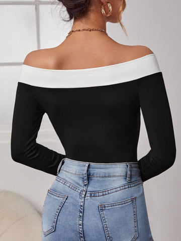Contrast Trim Off Shoulder Bodysuit