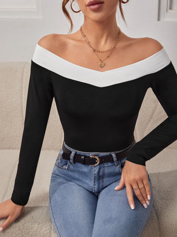Contrast Trim Off Shoulder Bodysuit