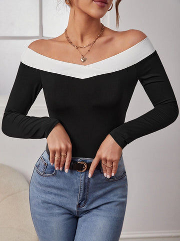 Contrast Trim Off Shoulder Bodysuit
