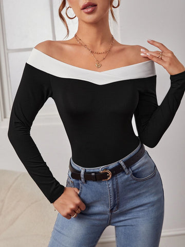 Contrast Trim Off Shoulder Bodysuit