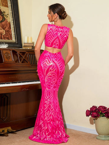 LOVE&LEMONADE Allover Print Cut Out Mermaid Hem Sequin Formal Dress
