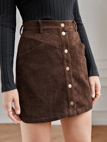 Button Front Corduroy Skirt