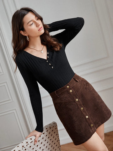 Button Front Corduroy Skirt
