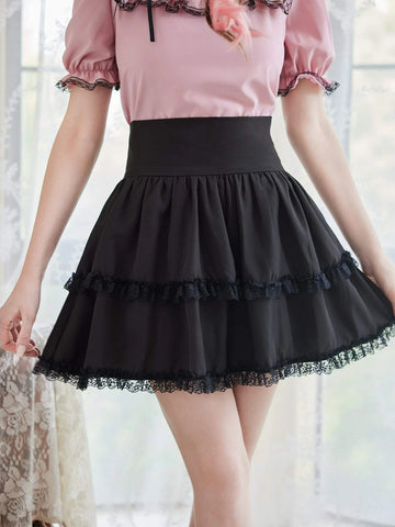 ROMWE Kawaii Solid Frill Contrast Lace Skirt