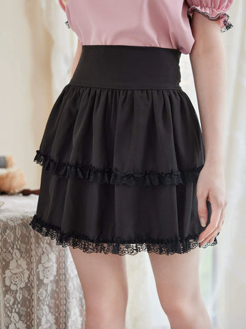 ROMWE Kawaii Solid Frill Contrast Lace Skirt