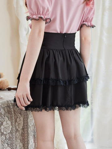 ROMWE Kawaii Solid Frill Contrast Lace Skirt