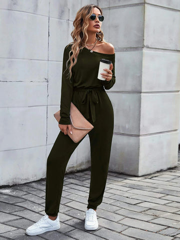 Solid Asymmetrical Neck Belted Jumpsuit