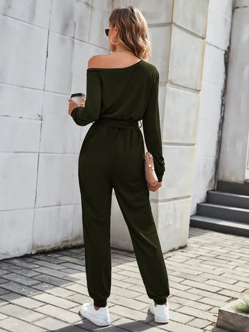 Solid Asymmetrical Neck Belted Jumpsuit