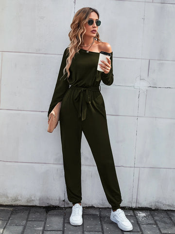 Solid Asymmetrical Neck Belted Jumpsuit