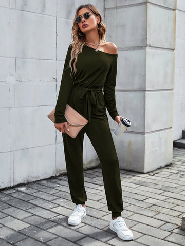 Solid Asymmetrical Neck Belted Jumpsuit