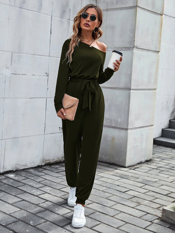 Solid Asymmetrical Neck Belted Jumpsuit