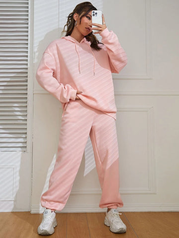 Solid Drop Shoulder Drawstring Hoodie & Sweatpants