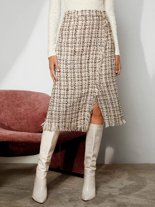 High Waist Plaid Raw Trim Split Hem Tweed Skirt