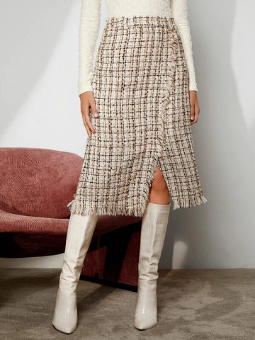 High Waist Plaid Raw Trim Split Hem Tweed Skirt