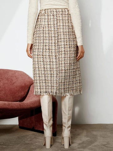 High Waist Plaid Raw Trim Split Hem Tweed Skirt