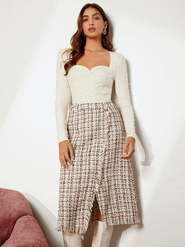 High Waist Plaid Raw Trim Split Hem Tweed Skirt