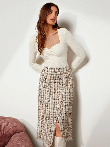 High Waist Plaid Raw Trim Split Hem Tweed Skirt