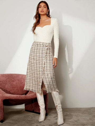 High Waist Plaid Raw Trim Split Hem Tweed Skirt