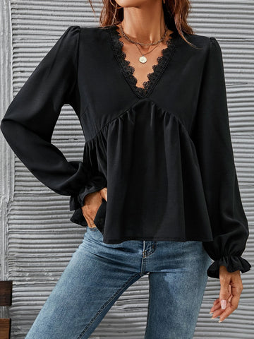 Guipure Lace Trim Flounce Sleeve Peplum Blouse