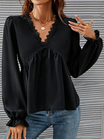 Guipure Lace Trim Flounce Sleeve Peplum Blouse