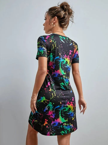 Reflective Ink Splatter Print Tee Dress