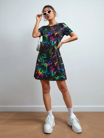 Reflective Ink Splatter Print Tee Dress